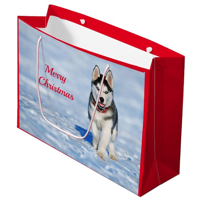 Husky Puppy Snow Foto Weihnachten Große Geschenktüte (Vorderseite Schrägansicht)