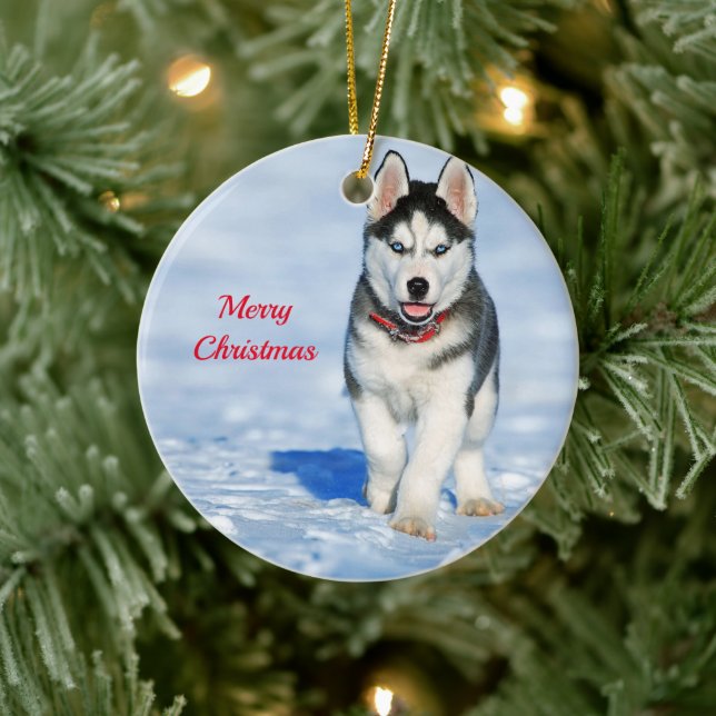 Husky Puppy Snow Foto Weihnachten Keramik Ornament (Baum)