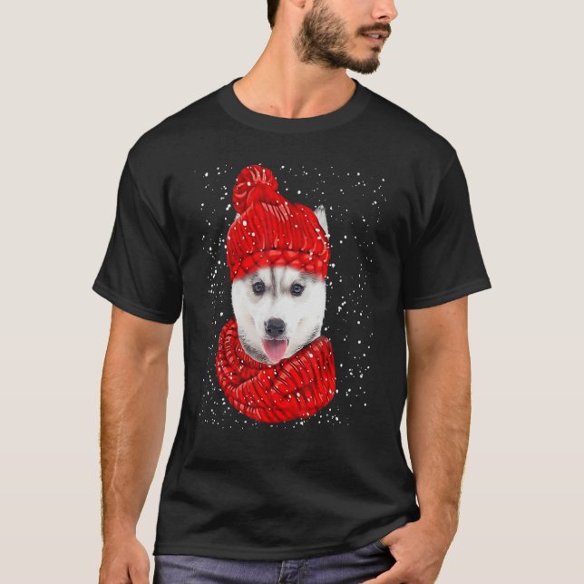 Husky Red Winter Hat Christmas Scarf Dog T-Shirt (Vorderseite)