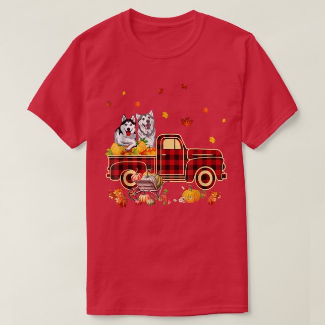 Husky Riding Truck Pumpkin Herbstleaves Fall T-Shirt (Design vorne)