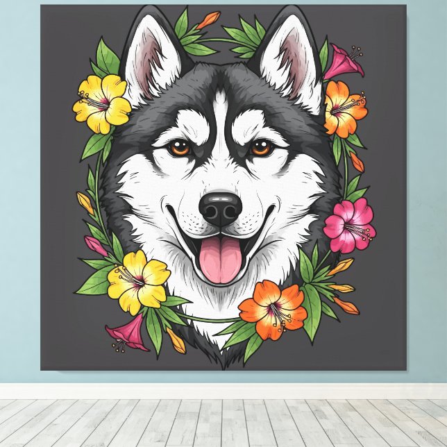Husky-Schlittenhund und bunte Mirablis-Blumen Leinwanddruck (Insitu (Holzboden))