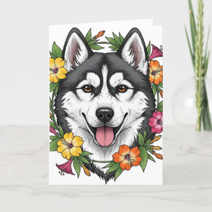 Husky Schlittenhund und farbenfrohe Mirablis-Blume Feiertagskarte