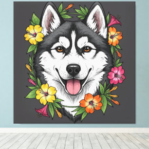 Husky-Schlittenhund und farbenfrohe Mirablis-Blume Leinwanddruck