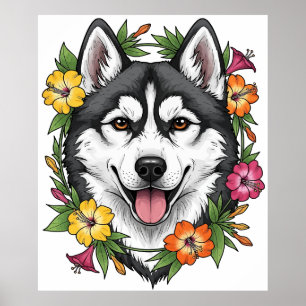 Husky-Schlittenhund und farbenfrohe Mirablis-Blume Poster