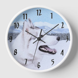 Husky-(Silber und Weiß) Malerei-Hundekunst Wanduhr