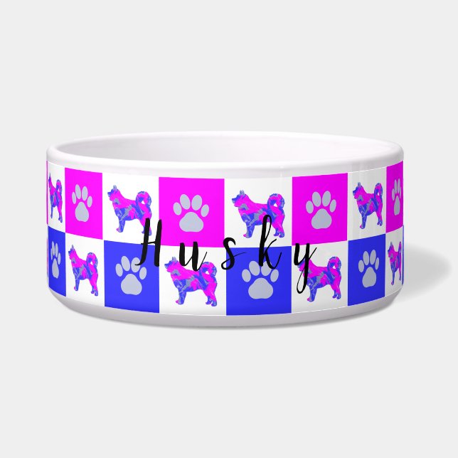 Husky Silhouette Hund & Paw Hot Pink & Blue Pet Bo Napf (Vorderseite)