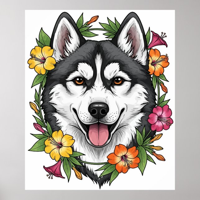 Husky Sled Dog And Colorful Mirablis Flowers Poster (Vorne)