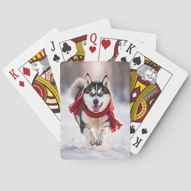 Husky trägt einen roten Winterskarf Spielkarten (Rückseite)