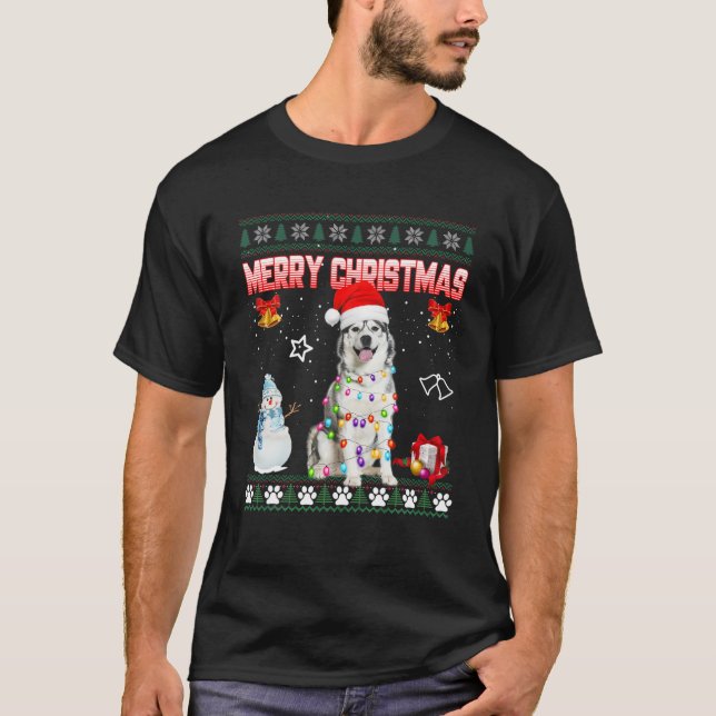 Husky Ugly Xmas Sweater Christmas Lights Santa Dog T-Shirt (Vorderseite)