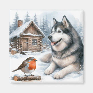 Husky und Rotkehlchen im Schneemagnet, Schneehund Magnet