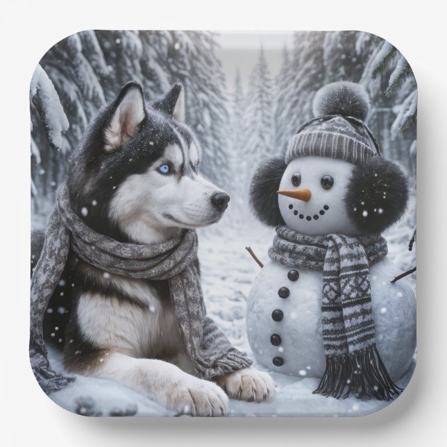 Husky und Schneemann im Winterwald Pappteller (Vorderseite)