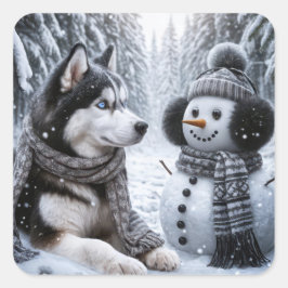 Husky und Schneemann im Winterwald Quadratischer Aufkleber