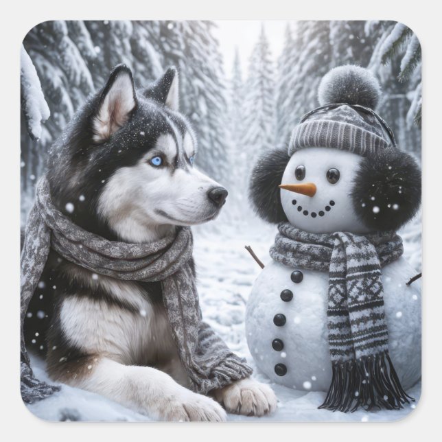 Husky und Schneemann im Winterwald Quadratischer Aufkleber (Vorderseite)