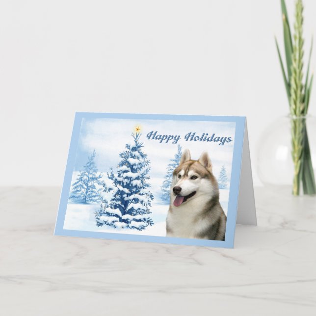 Husky-Weihnachtskarten-Blau-Baum Feiertagskarte (Vorderseite)