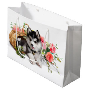 Husky-Welpe, der in einem Korb liegt Große Geschenktüte