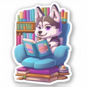 Husky-Welpe, die ein Buch liest Aufkleber
