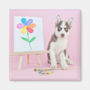 Husky-Welpe-Malerei auf eine Regenbogen-Blume Magnet