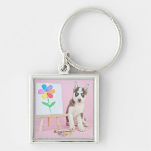 Husky-Welpe-Malerei auf eine Regenbogen-Blume Schlüsselanhänger