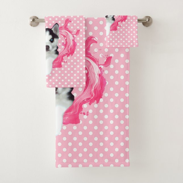 Husky Welpe rosa Herz Punkte Mädchen Badhandtuch Set (Insitu)