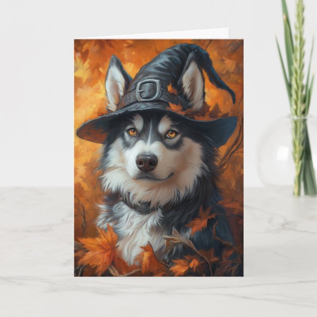 Husky Witch Halloween Feiertagskarte (Vorderseite)