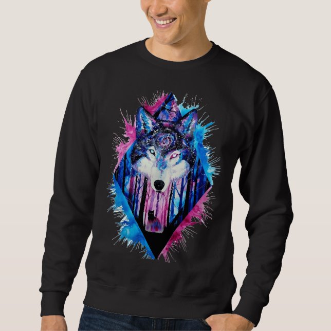 Husky Wolf Dog farbige Gemusterte Illustration Sweatshirt (Vorderseite)