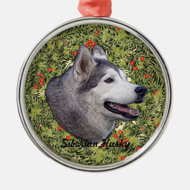 Husky Wreath Silbernes Ornament (Vorne)