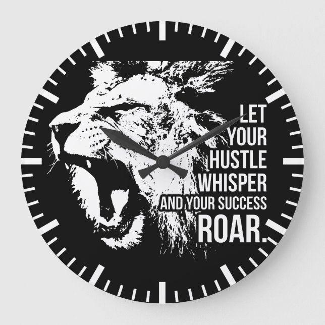 Hustle and Success - Work Hard - Lion Motivierend Große Wanduhr (Vorderseite)
