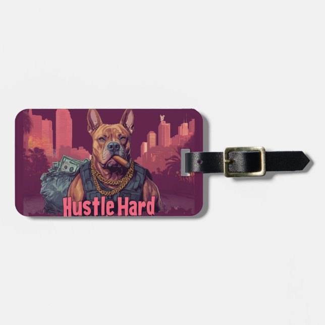 Hustle Hard - Pitbulle Hund mit Geld und Zigar Gepäckanhänger (Vorderseite horizontal)