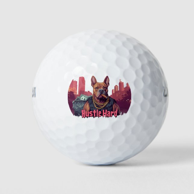 Hustle Hard - Pitbulle Hund mit Geld und Zigar Golfball (Vorderseite)