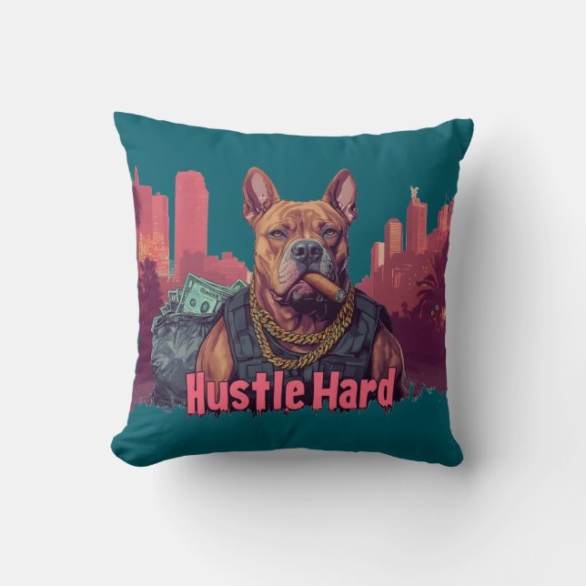 Hustle Hard - Pitbulle Hund mit Geld und Zigar Kissen (Vorderseite)