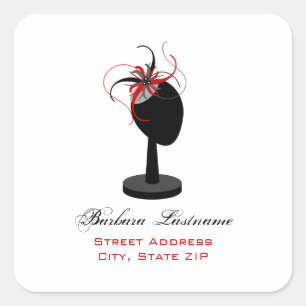 Hut-Stand & Red & Black Fascinator-Adressenaufkleb Quadratischer Aufkleber