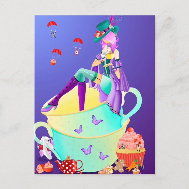 Hutdame in Teetasse Postkarte (Vorderseite)
