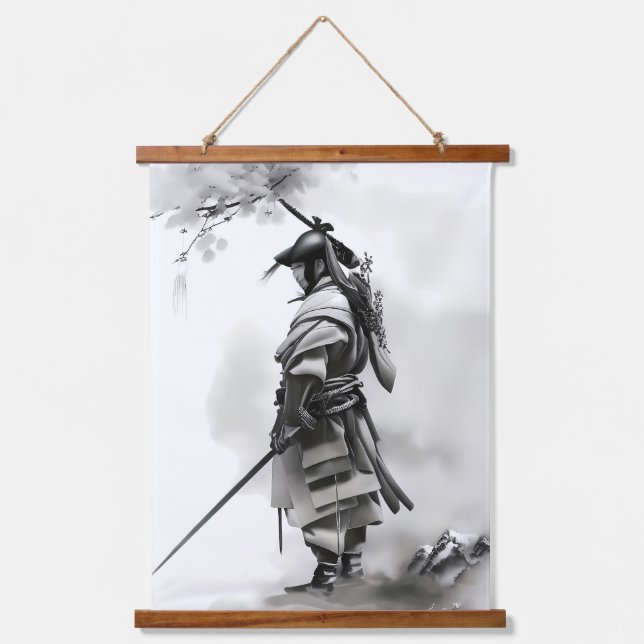 Hüter der Ehre: Der Stoic Samurai Wandteppich Mit Holzrahmen (Vorderseite)