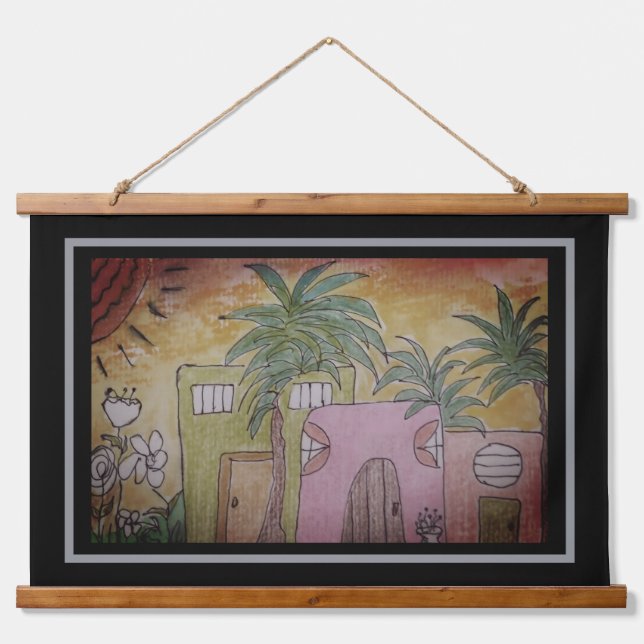 Huts & Palm Trees Wandteppich Mit Holzrahmen (Vorne)