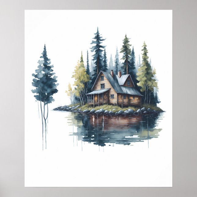 Hütte am Lake Watercolor Poster (Vorne)