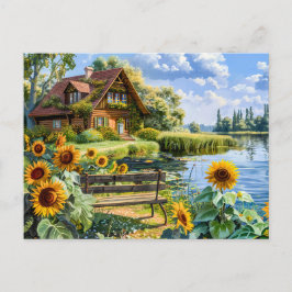 Hütte am See mit Sonnenblumen Postkarte