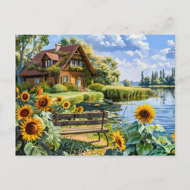 Hütte am See mit Sonnenblumen Postkarte (Vorderseite)
