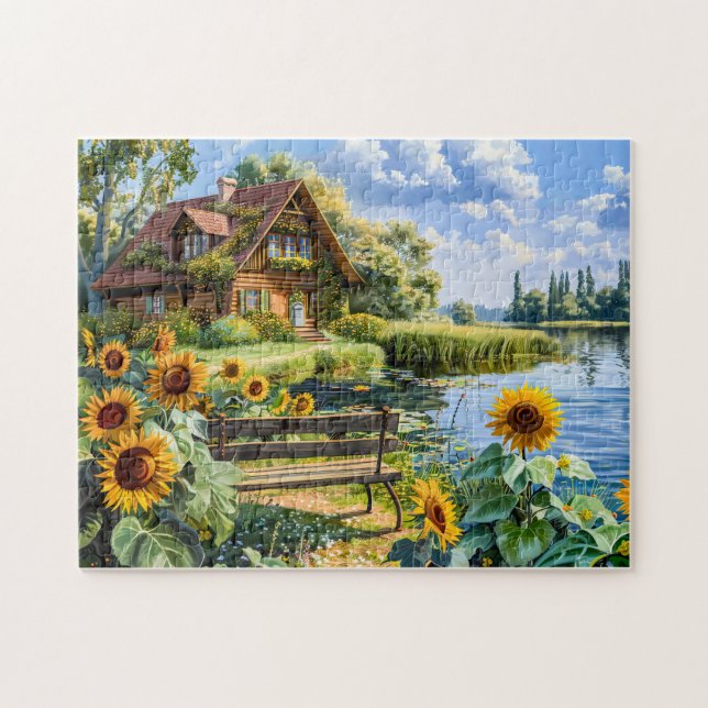 Hütte am See mit Sonnenblumen Puzzle (Horizontal)