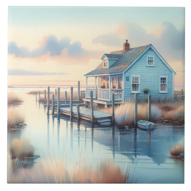 Hütte an der Küste bei Sunrise Marsh Fliese (Vorderseite)