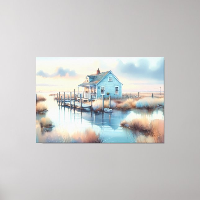 Hütte an der Küste bei Sunrise Marsh Leinwanddruck (Vorderseite)