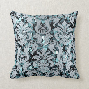 Hütte Aquamarin Aquatic Damask Blue Gray Navy Sequ Kissen