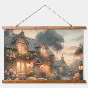 Hütte bei Sonnenuntergang mit Rose Wandteppich Mit Holzrahmen
