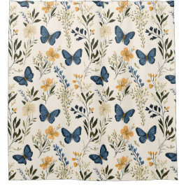 Hütte Blauer Schmetterling und Grünpflanzen Duschvorhang