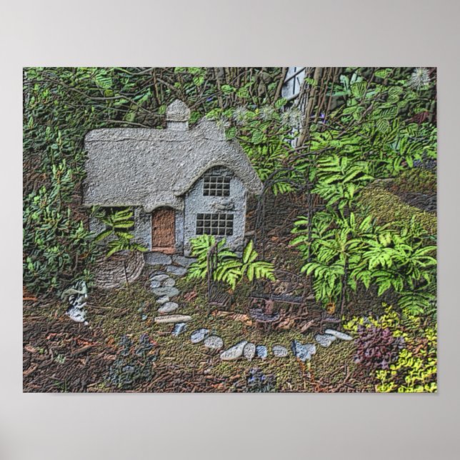 Hütte Blumengarten Foto Gemälde Poster (Vorne)