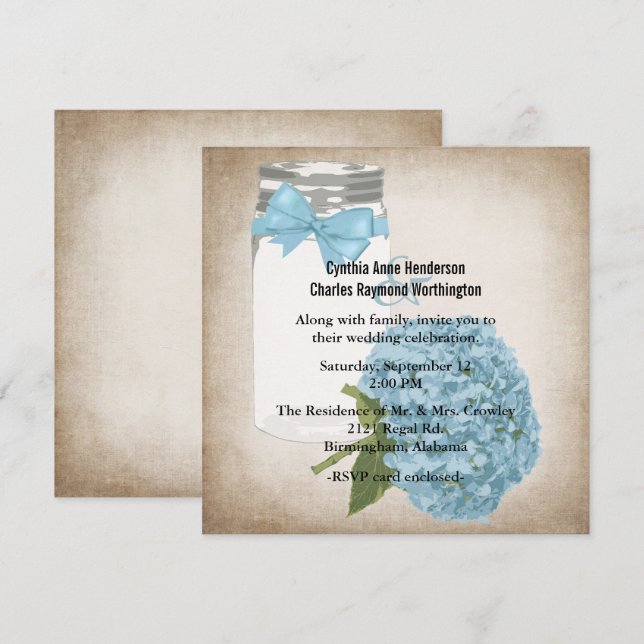 Hütte Chic Hydrangea und Mason Jar Wedding Einladung (Vorne/Hinten)
