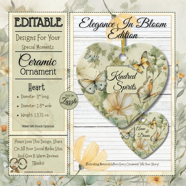 Hütte Chic Wildblumen Kindred Spirits Herz Keramik Ornament (Cottage Chic Wildflower  Meadow Kindred Spirits Ceramic Heart Ornament Info Collage.)
