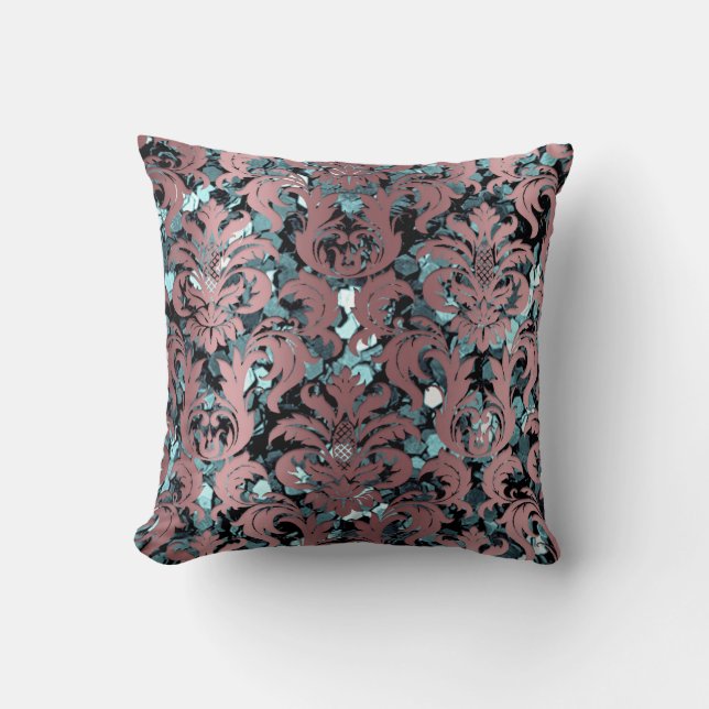 Hütte Damask Aquamarin Blush Red Bean Mauve Royal Kissen (Vorderseite)