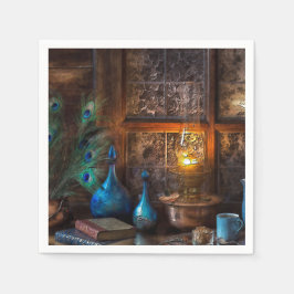 Hütte durch Lampenlicht rustikale Szene blau braun Serviette