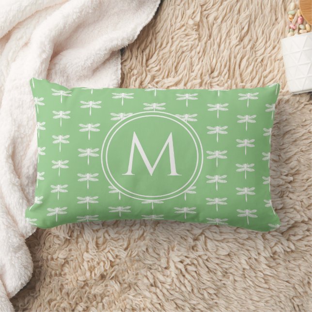 Hütte Garden Green und White Dragonfly Monogram Lendenkissen (Decke)