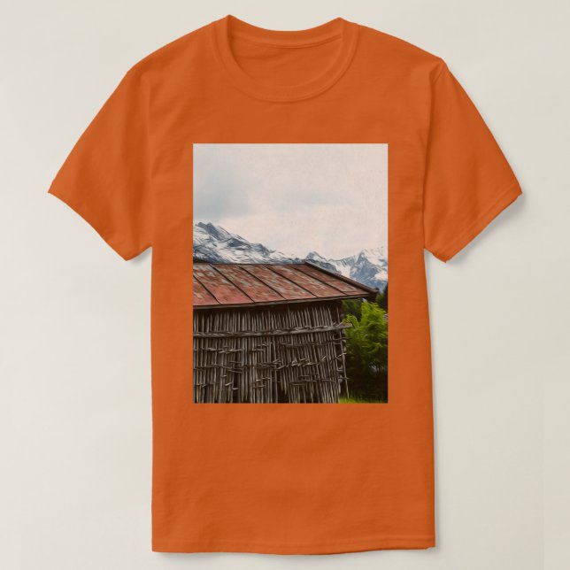 Hütte Holz Landschaft Naturgebirge T-Shirt (Design vorne)